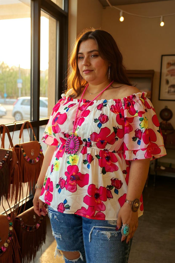 Plus size blouse/ floral prints off shoulder top w/bell ruffle sleeves GJQ14797 CS10