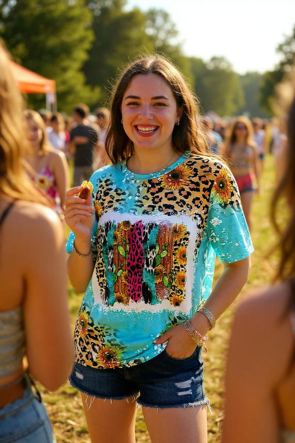 Turquoise leopard multi color printed short sleeves t-shirt XCH12552 (BS7