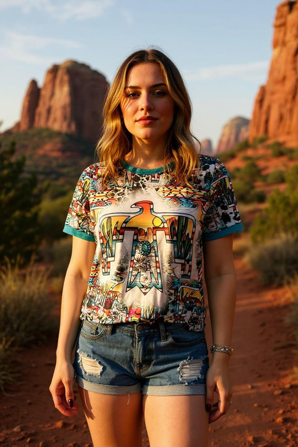Thunder bird multi color printed short sleeve women t-shirt XCH12098