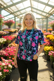 Fuchsia floral multi color printed short sleeve navy women tops XCH15893 (BS2)