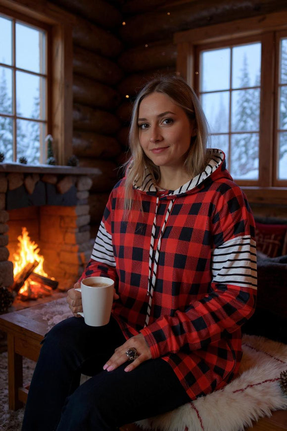 Checked & striped printed w/string long sleeve women hoodie top YMY9930  CS13