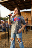 Women's top wholesale 4th July Leopard printed w/bandanna, cowboy hat & boot print DLH10800-2