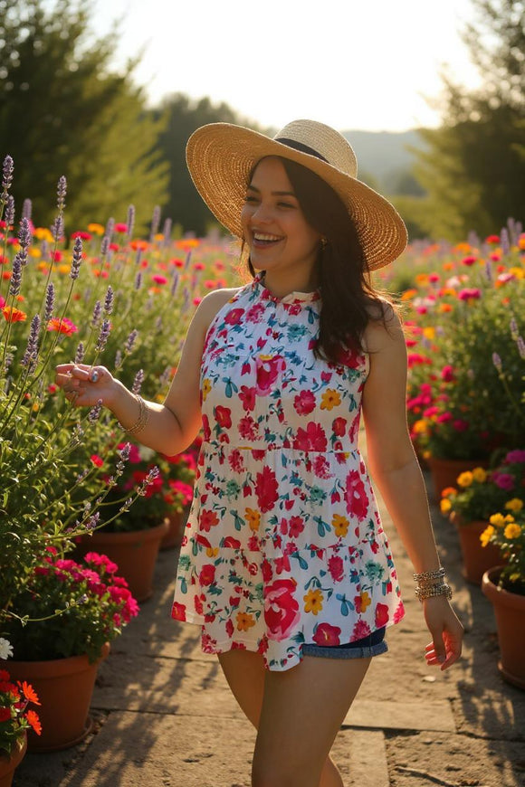 Plus size women clothing Floral printed baby doll style ladies top GJQ14217 (AS13)
