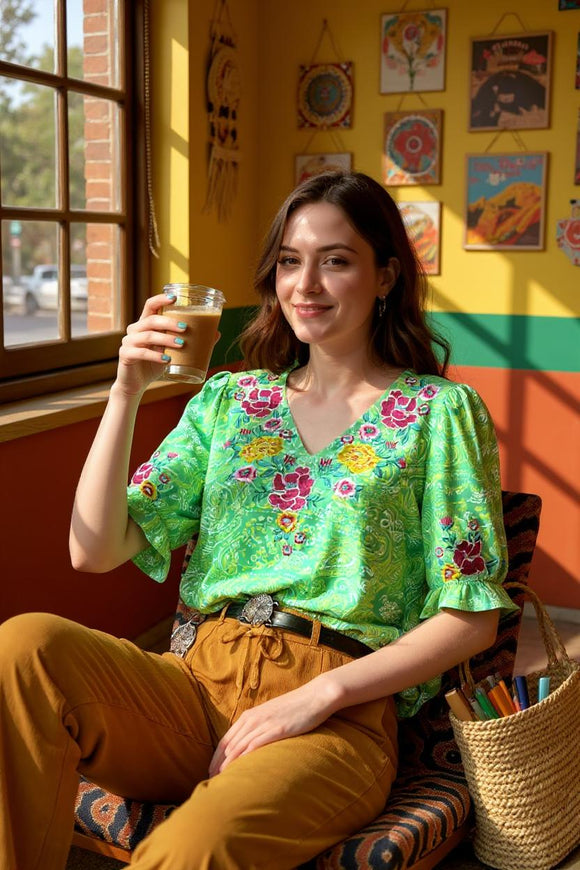 Western flower embroidery green printed short sleeve women's blouse BQ16058