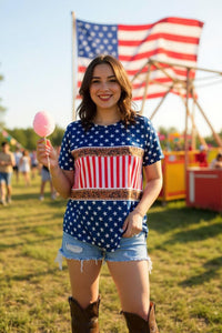 T-shirt wholesale USA Blue stars & paisley & stripes & short sleeve women top XCH12294