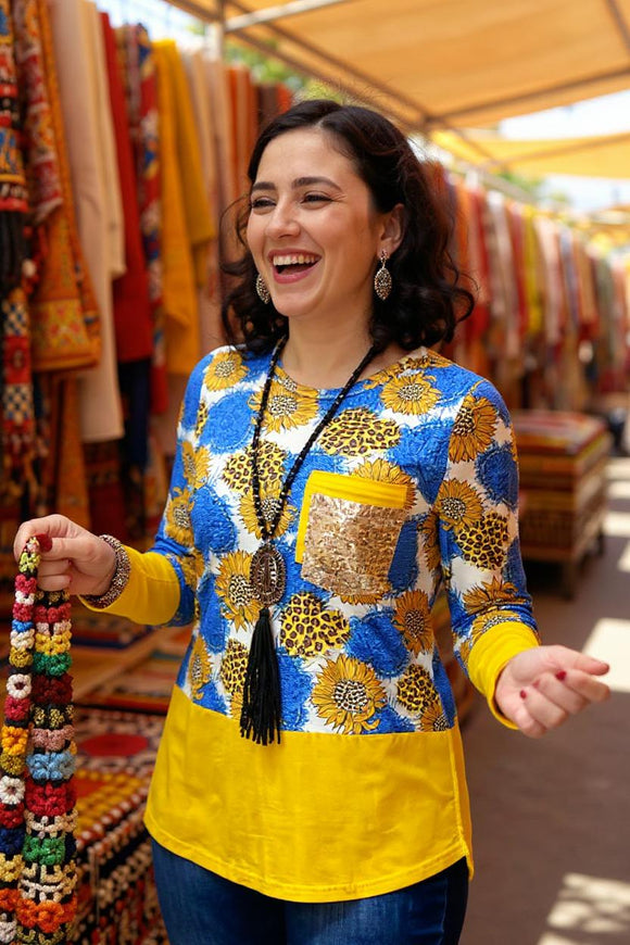 Blue & yellow sunflower printed long sleeve top w/sequin pocket CS8 XCH10344