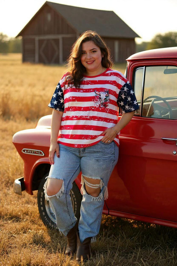 T-shirt wholesale Bull skull printed Red striped & stars & short sleeves women tops XCH14955