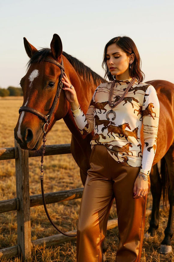 Western women blouse Brown horse sheer top w/full white lining XCH14059 (CS12