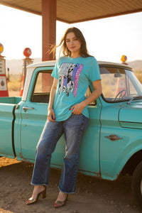 Women t-shirt wholesale Turquoise w/multi cow & jewel printed short sleeves DLH10860 (GS11)