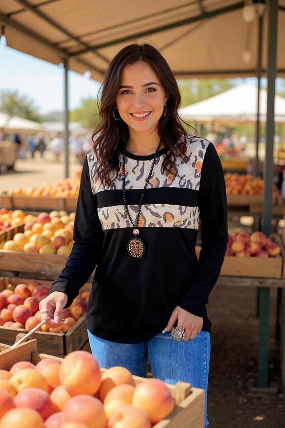 Black & leopard printed long sleeve women's top XCH10016  (CS11)