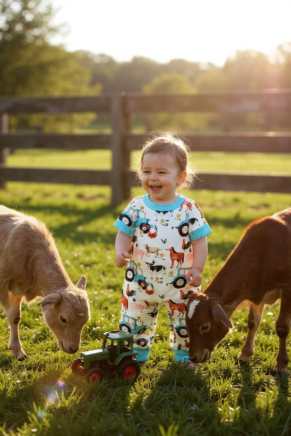 Western unisex animals & tractor printed short sleeve baby jumpsuit XCH05022