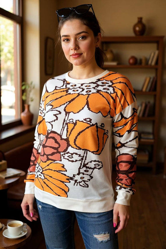 Fall Yellow flower printed long sleeve plus size women top XCH16064