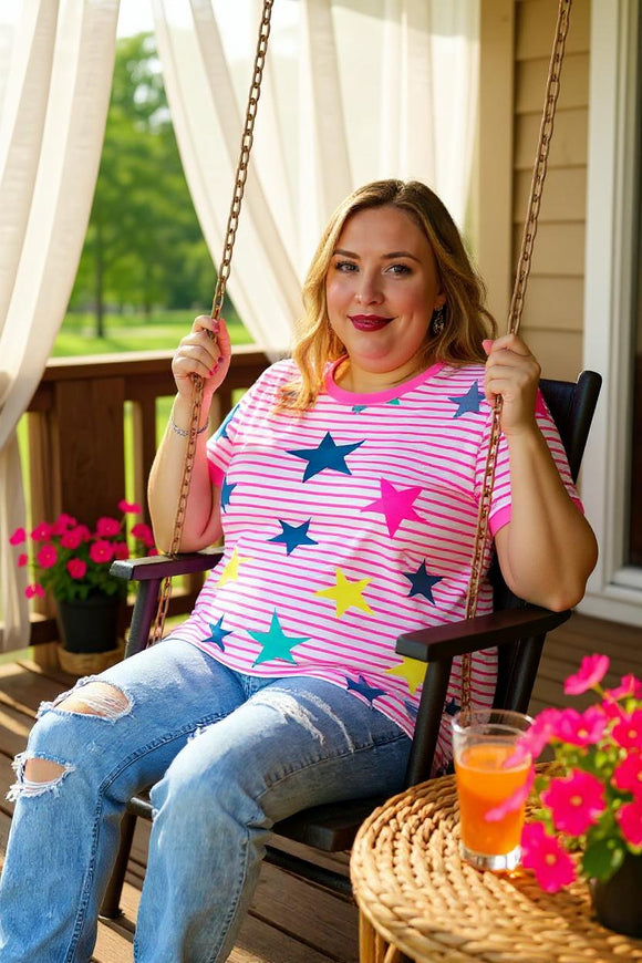 Plus sizet-shirt online pink stripes & stars printed short sleeve top YMY9404-1 (GS8)