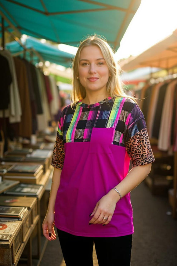 Plaid/purple leopard & fuchsia color blocked short sleeve women top YMY9947 CS11