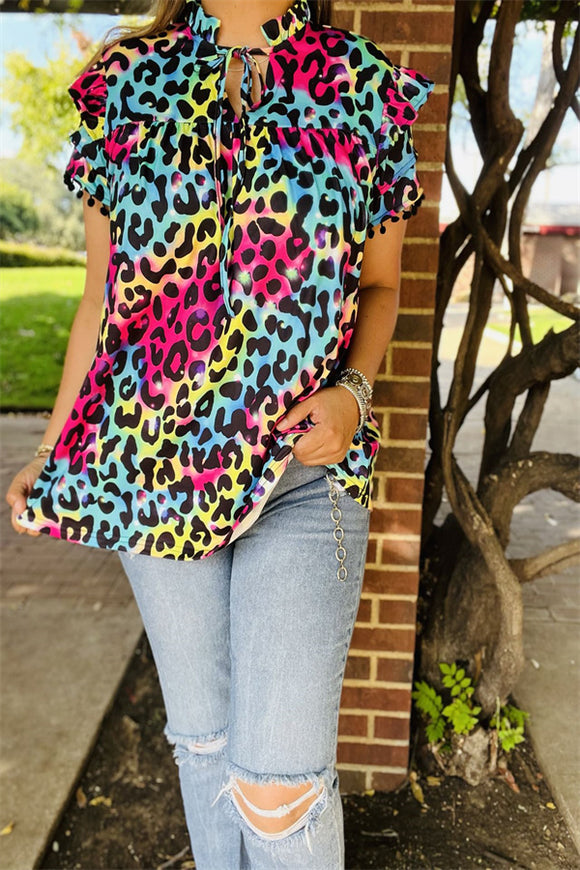 BQ15644 Multi color leopard printed double ruffle/black pompom short sleeve women tops