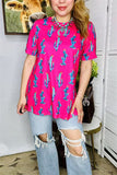 BQ13162  Fuchsia cactus printed short sleeve women tops