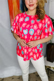 BQ15248 Coral&mint multi color circle graphic printed short bell sleeve women fuchsia tops