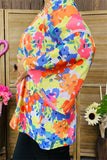 BQ15870 Floral multi color printed 3/4 sleeve w/bell bottom women top w/white ribbon trim