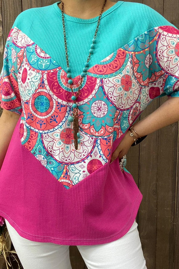 Women's t-shirt vendors Ribbed knitted turquoise & printed & fuchsia color block w/short sleeves XCH14712 (DS9)