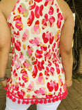 BQ15098 Floral multi color printed sleeveless women top w/fuchsia pompom