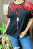 BQ15090-3 Red sequin & black short sleeve w/ruffle trim women tops wholesale(BS5)