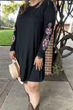 BQ15496 Long sleeve/ Multi color embroidery w/side pockets women black dresses