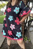 BQ15649 Mint/fuchsia/pink sunflower printed short sleeve w/hem webbing w/side pockets black women dresses