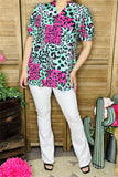 GJQ15598 Teal/fuchsia/black leopard printed short sleeve women tops w/v-neckline