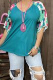 XCH15714 Floral multi color printed short /bell sleeve teal women tops &raglan design