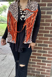 BQ13932 Leopard printed orange front &back long tassel/fringe women vest/cardigan (ES6)