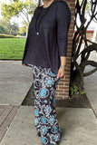 GJQ15672  Black 3/4 sleeve top&paisley turquoise/white color printed  pant 2pcs women sets