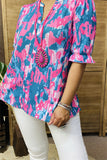 XCH15817 Teal&pink graphic multi color printed short sleeve/ruffle hem women tops