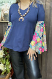 GJQ12917 Blue women blouse w/floral multi color printed bell long sleeves