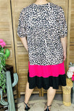 GJQ15746 Leopard printed fuchsia/black solid color short sleeve women dress w/side pockets