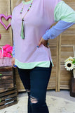 BQ15555 Mint/purple/pink solid color printed long sleeve women tops w/side splits FS4