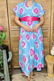 XCH15912 Fuchsia multi color floral printed short sleeve w/double trim long women blue dress w/side pockets
