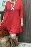 GJQ15500 Red solid color 3/4 sleeve double ruffle bottom w/side pockets women dresses