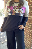 XCH14263 Black&beige Color block cow printed long sleeve women top