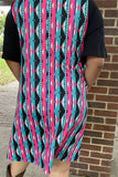 YMY15527 Turquoise&fuchsia color printed black short sleeve w/side pockets women dresses