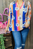 BQ15682 Navy/pink/orange stripe&sunflower multi color printed 3/4 sleeve women top w/V-neckline