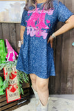 XCH14366 Fuchsia boot graphic blue leopard printed short sleeve w/side pockets women dress