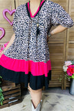 GJQ15746 Leopard printed fuchsia/black solid color short sleeve women dress w/side pockets