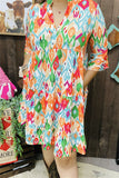 GJQ15087 Colorful Aztec printed 3/4 sleeve V-neckline women dress/side pockets