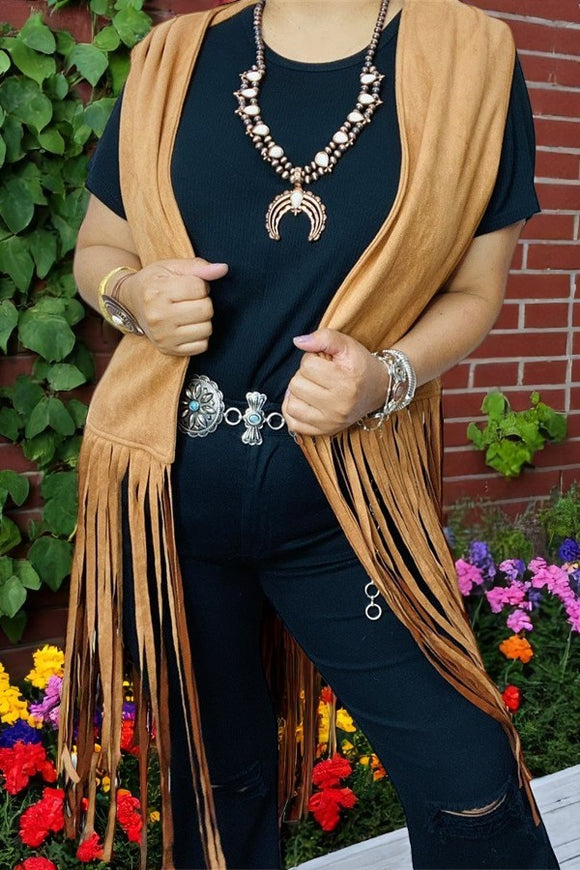 Women's clothing wholesale Tan suede long fringe tassel women vest/cardigan BQ13618 C6