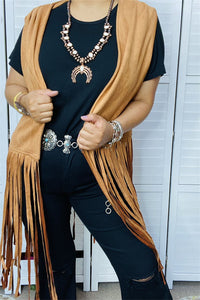 BQ13618 Tan suede long fringe tassel women vest/cardiganC6