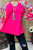 GJQ15231 Multi color floral printed 3/4 sleeve w/fringe trim women fuchsia tops