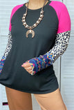 YMY14157 Black&fuchsia block  leopard and Aztec multi color printed long sleeve women tops(ES12)