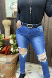 S004 Big hole on the knee blue fashion style women tighten jean pants