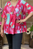 XCH15921 Fuchsia/mint multi color graphic printed drop-shoulder short sleeve baby doll women blouse
