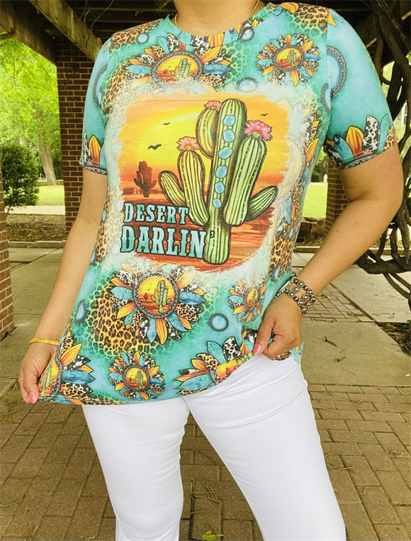 XCH12491 DESERT DARLIN cactus sunflower multi printed short sleeves women tops (GS2)